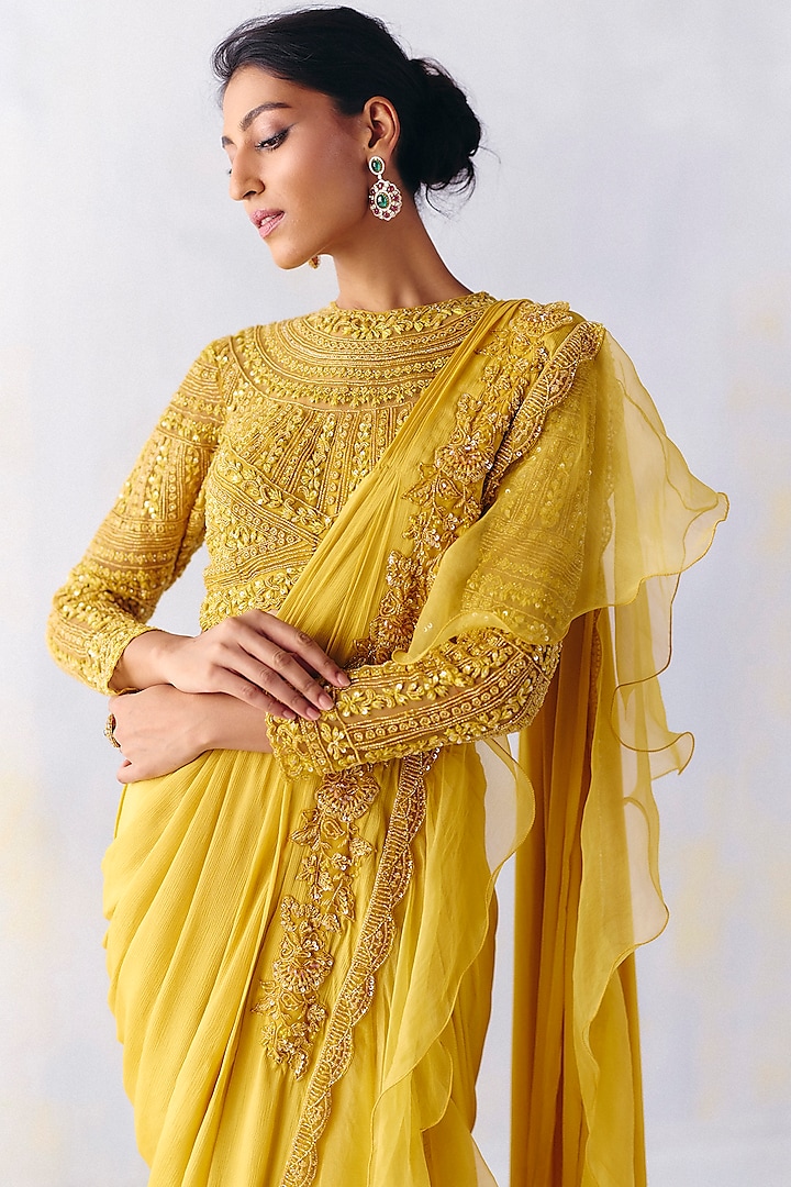 Yellow Chiffon & Organza Floral Embroidered Pre-Draped Wedding Saree Set by AWIGNA BY VARSHA & RITTU at Pernia's Pop Up Shop