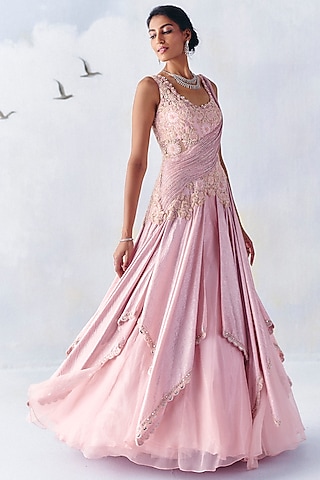 Soft Pink Sequin & Organza Floral Embroidered Layered Gown by AWIGNA BY VARSHA & RITTU