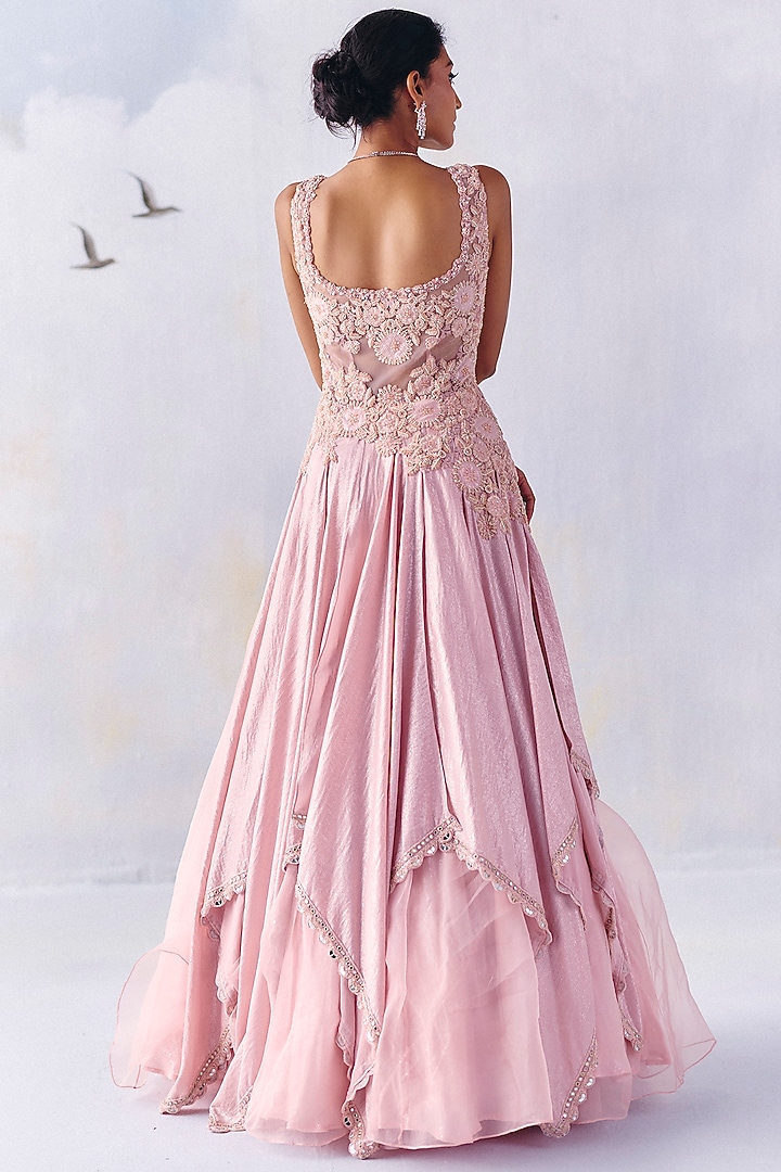 Soft Pink Sequin & Organza Floral Embroidered Layered Wedding Gown by AWIGNA BY VARSHA & RITTU at Pernia's Pop Up Shop