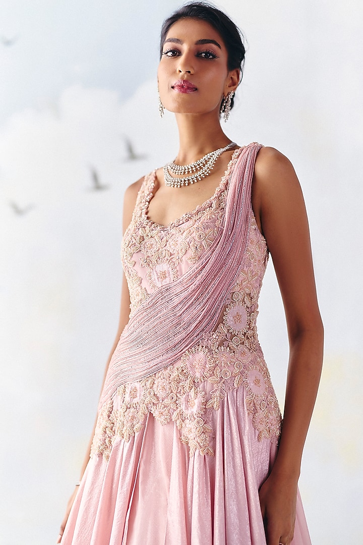 Soft Pink Sequin & Organza Floral Embroidered Layered Wedding Gown by AWIGNA BY VARSHA & RITTU at Pernia's Pop Up Shop