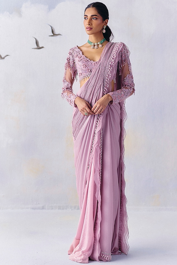 Lilac Metallic Georgette Embroidered Draped Saree Set by AWIGNA BY VARSHA & RITTU at Pernia's Pop Up Shop