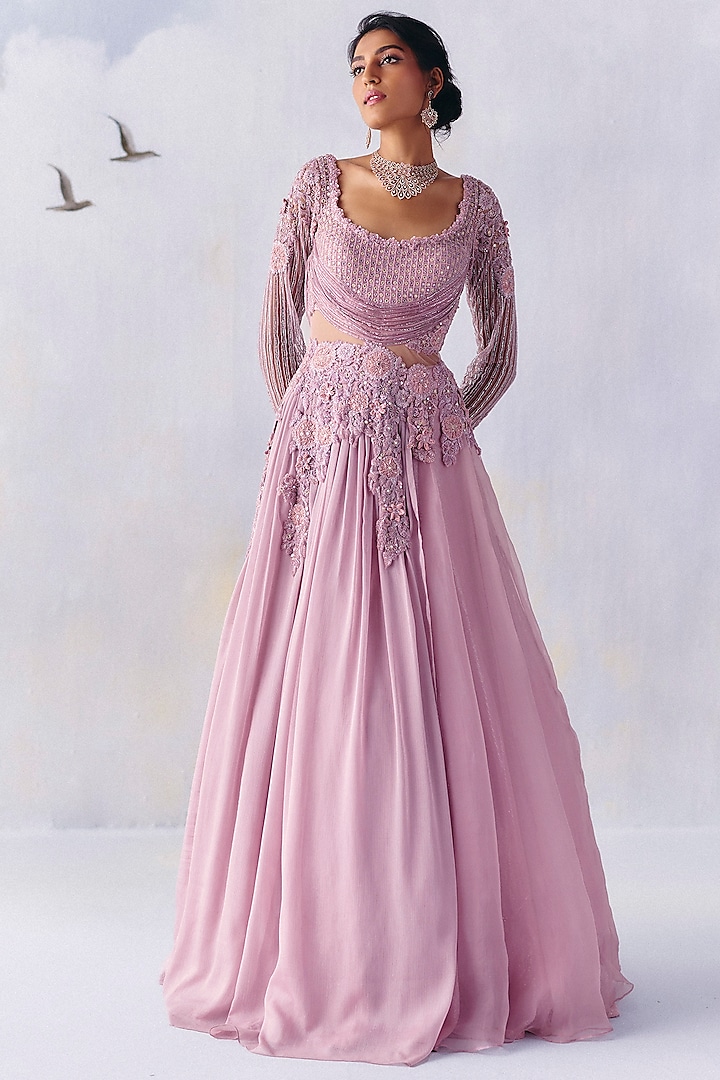 Lilac Metallic Georgette Floral Embroidered Gown by AWIGNA BY VARSHA & RITTU at Pernia's Pop Up Shop