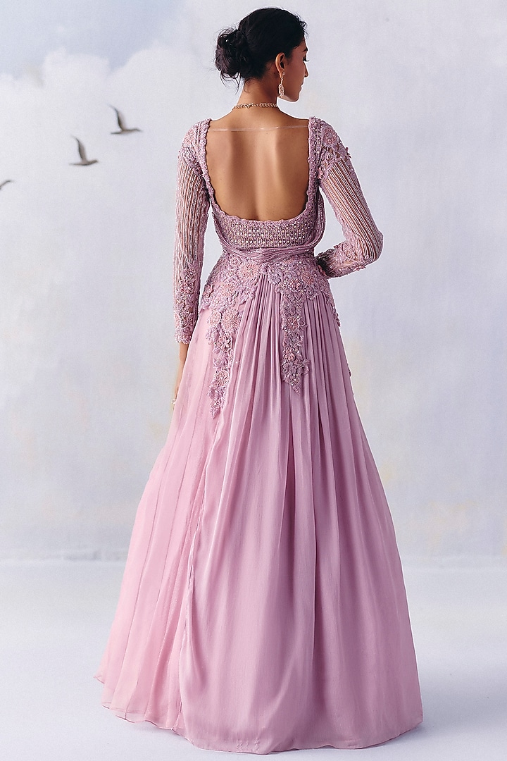 Lilac Metallic Georgette Floral Embroidered Wedding Gown by AWIGNA BY VARSHA & RITTU at Pernia's Pop Up Shop