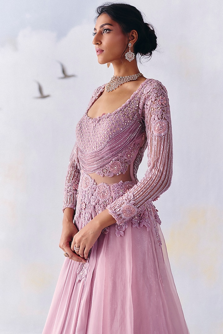 Lilac Metallic Georgette Floral Embroidered Wedding Gown by AWIGNA BY VARSHA & RITTU at Pernia's Pop Up Shop