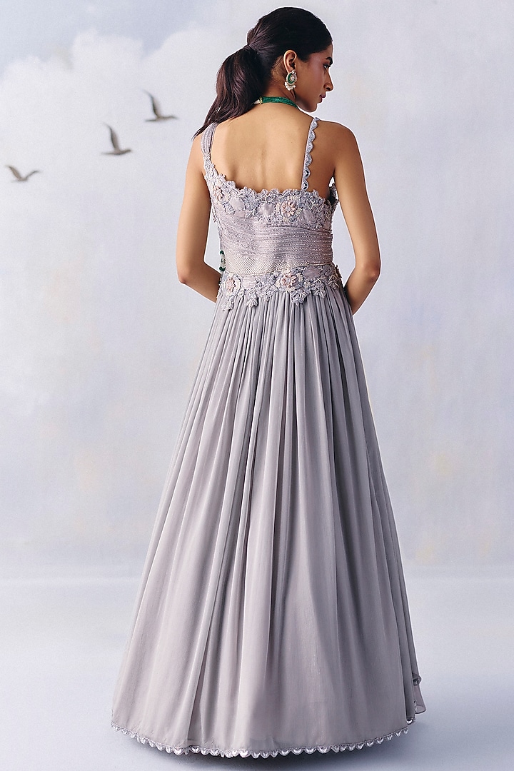 Grey Metallic Georgette Embellished Strappy Wedding Gown by AWIGNA BY VARSHA & RITTU at Pernia's Pop Up Shop