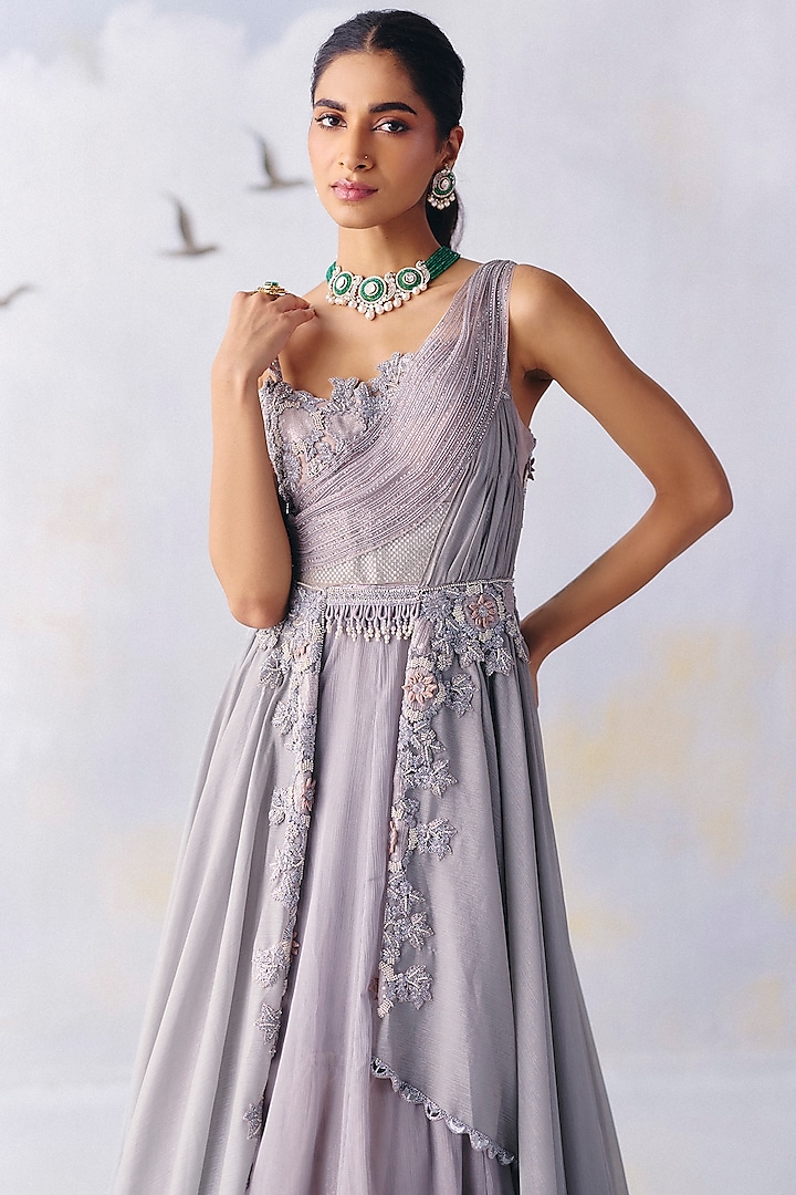 Grey Metallic Georgette Embellished Strappy Wedding Gown by AWIGNA BY VARSHA & RITTU at Pernia's Pop Up Shop