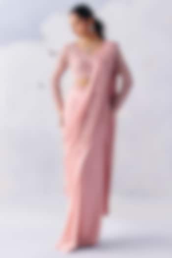 Blush Pink Satin Georgette Floral Embroidered Pre-Draped Wedding Saree Set by AWIGNA BY VARSHA & RITTU at Pernia's Pop Up Shop