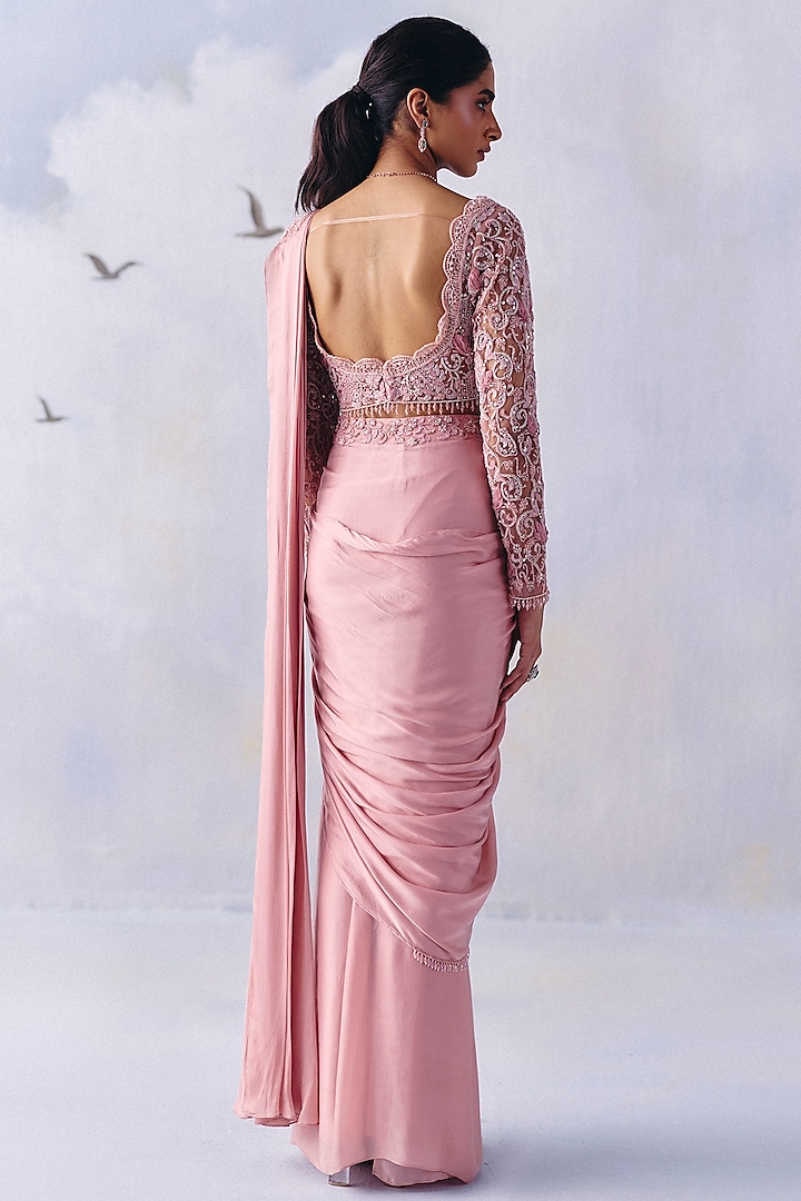 Blush Pink Satin Georgette Floral Embroidered Pre-Draped Wedding Saree Set by AWIGNA BY VARSHA & RITTU at Pernia's Pop Up Shop
