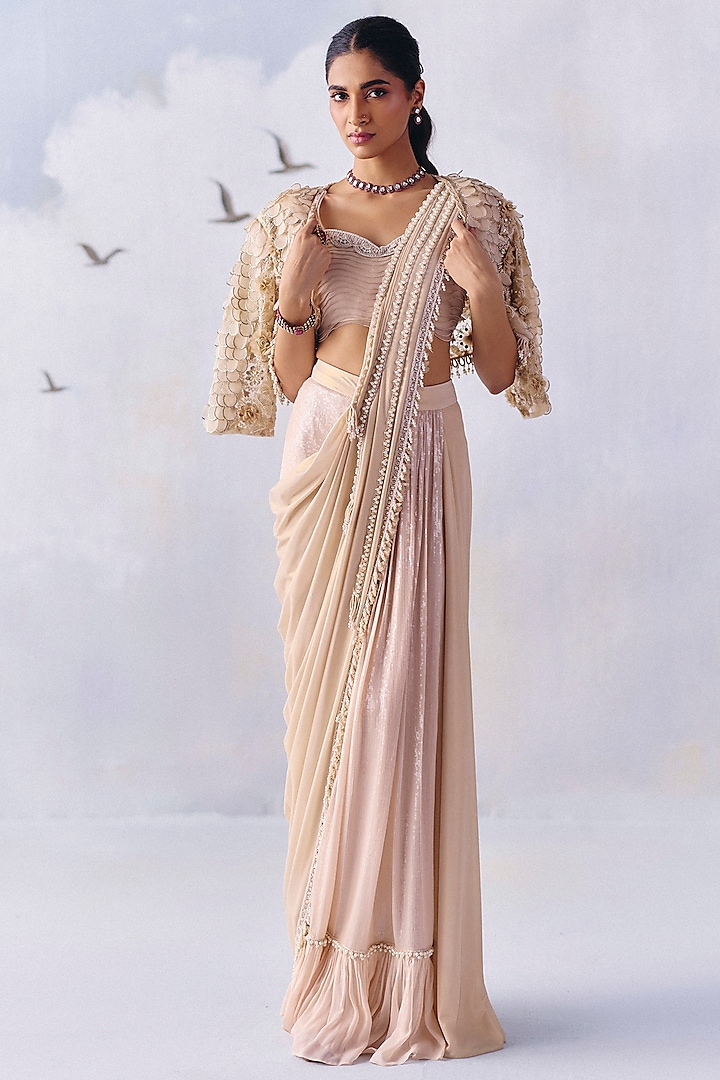 Ivory Lycra & Net Embroidered Pre-Draped Wedding Saree Set by AWIGNA BY VARSHA & RITTU at Pernia's Pop Up Shop
