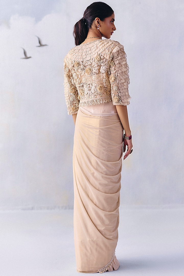 Ivory Lycra & Net Embroidered Pre-Draped Reception Saree Set by AWIGNA BY VARSHA & RITTU at Pernia's Pop Up Shop