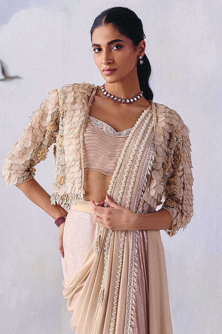 Ivory Lycra & Net Embroidered Pre-Draped Reception Saree Set by AWIGNA BY VARSHA & RITTU at Pernia's Pop Up Shop