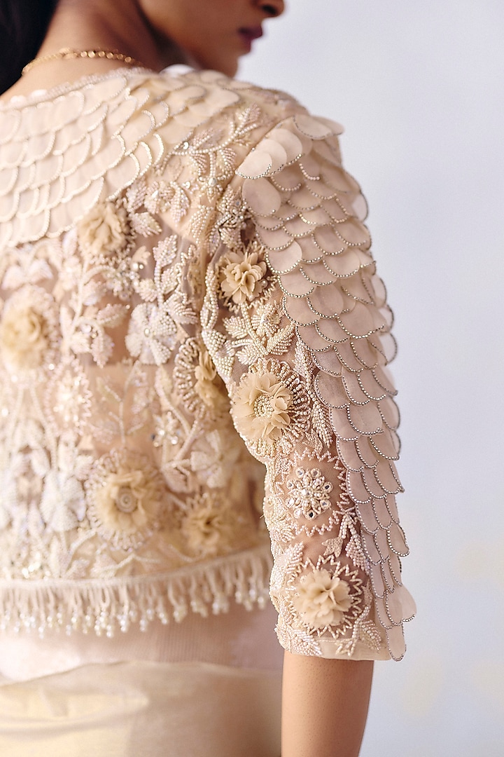 Ivory Lycra & Net Embroidered Pre-Draped Reception Saree Set by AWIGNA BY VARSHA & RITTU at Pernia's Pop Up Shop