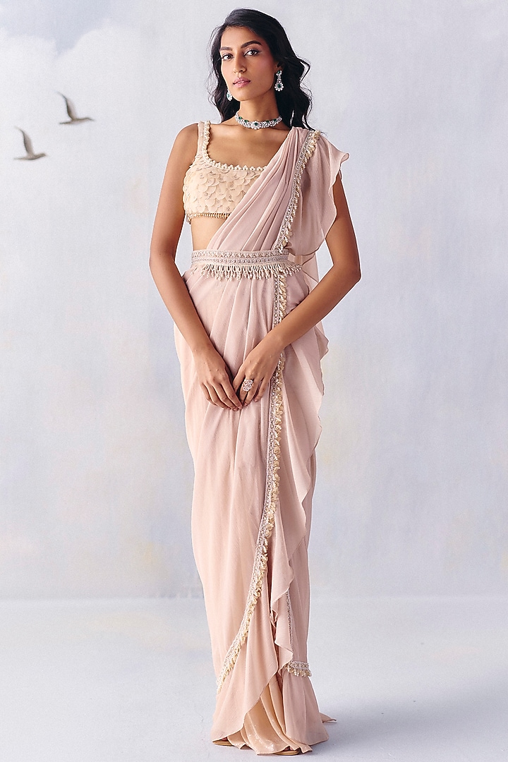 Dusty Pink Metallic Georgette Embroidered Pre-Draped Wedding Saree Set by AWIGNA BY VARSHA & RITTU at Pernia's Pop Up Shop