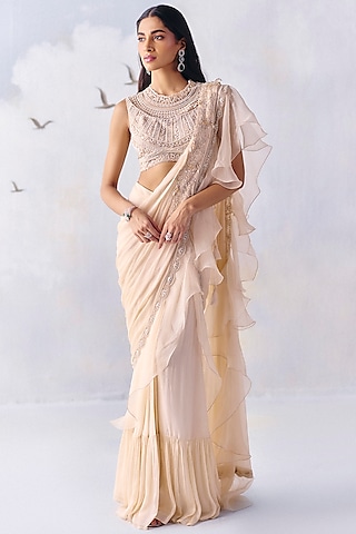Ivory Chiffon & Organza Floral Embroidered Pre-Draped Saree Set by AWIGNA BY VARSHA & RITTU