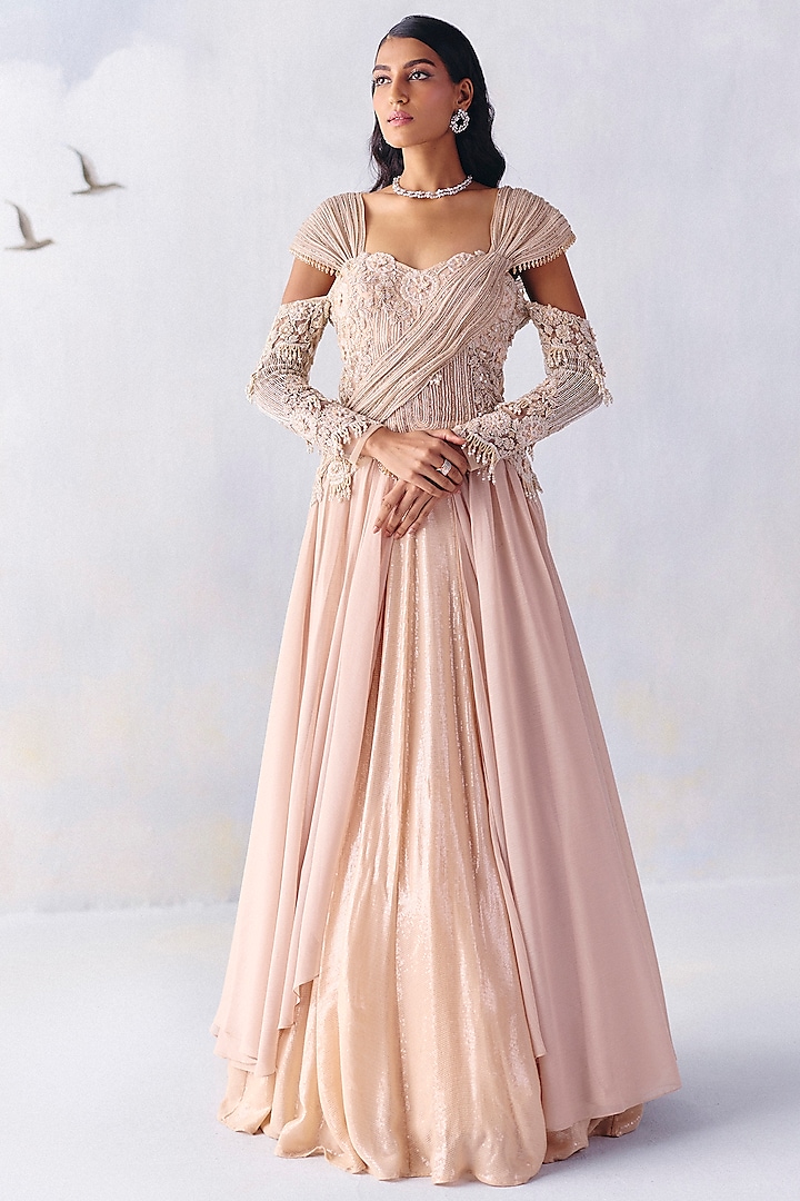 Soft Dusty Pink Metallic Georgette Floral Embroidered Gown by AWIGNA BY VARSHA & RITTU at Pernia's Pop Up Shop