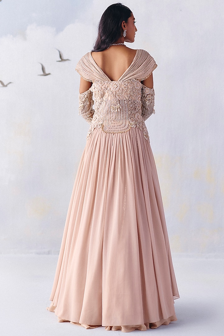 Soft Dusty Pink Metallic Georgette Floral Embroidered Gown by AWIGNA BY VARSHA & RITTU at Pernia's Pop Up Shop