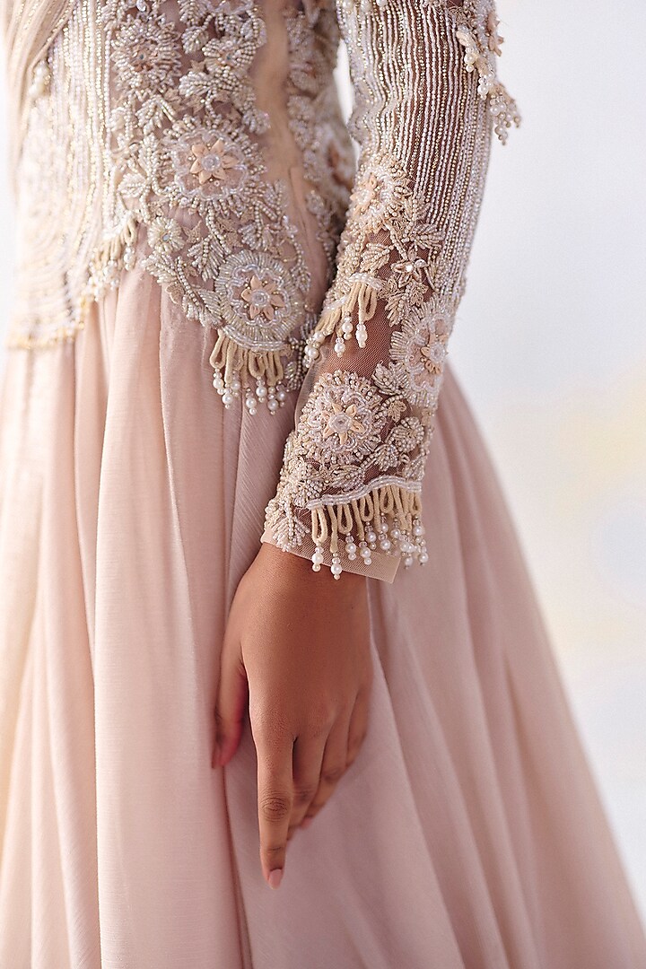 Soft Dusty Pink Metallic Georgette Floral Embroidered Gown by AWIGNA BY VARSHA & RITTU at Pernia's Pop Up Shop