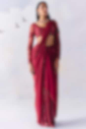 Cherry Red Metallic Georgette Floral Embroidered Pre-Draped Saree Set by AWIGNA BY VARSHA & RITTU at Pernia's Pop Up Shop