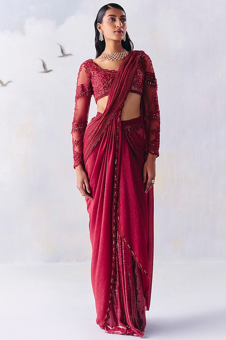 Cherry Red Metallic Georgette Floral Embroidered Pre-Draped Saree Set by AWIGNA BY VARSHA & RITTU at Pernia's Pop Up Shop