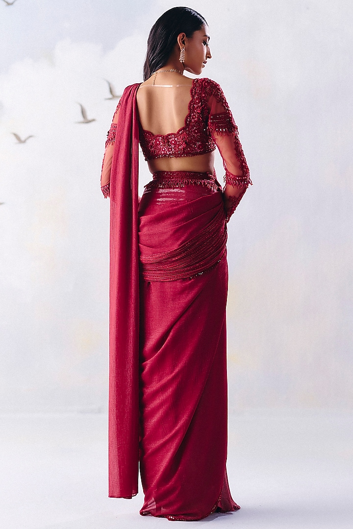 Cherry Red Metallic Georgette Floral Embroidered Pre-Draped Reception Saree Set by AWIGNA BY VARSHA & RITTU at Pernia's Pop Up Shop
