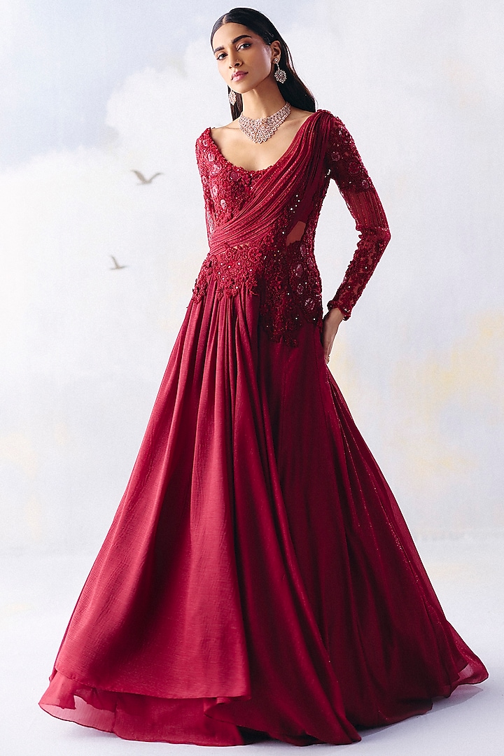 Cherry Red Metallic Georgette Floral Embroidered Gown by AWIGNA BY VARSHA & RITTU at Pernia's Pop Up Shop