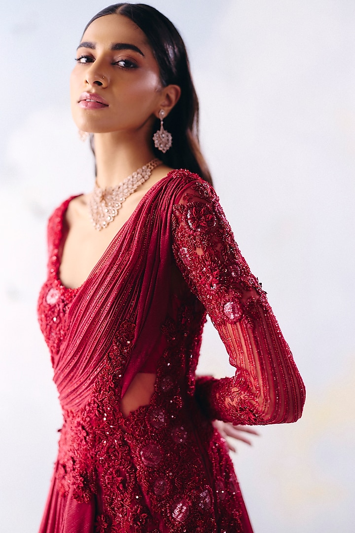 Cherry Red Metallic Georgette Floral Embroidered Wedding Gown by AWIGNA BY VARSHA & RITTU at Pernia's Pop Up Shop
