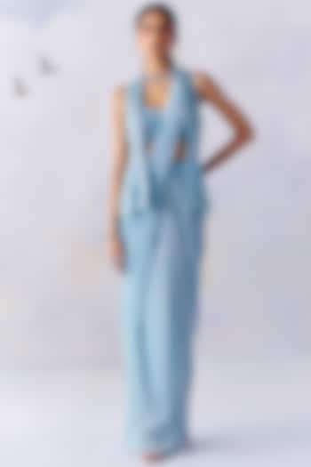 Sky Blue Platinoir Crepe Embroidered Pre-Stitched Wedding Saree Set by AWIGNA BY VARSHA & RITTU at Pernia's Pop Up Shop