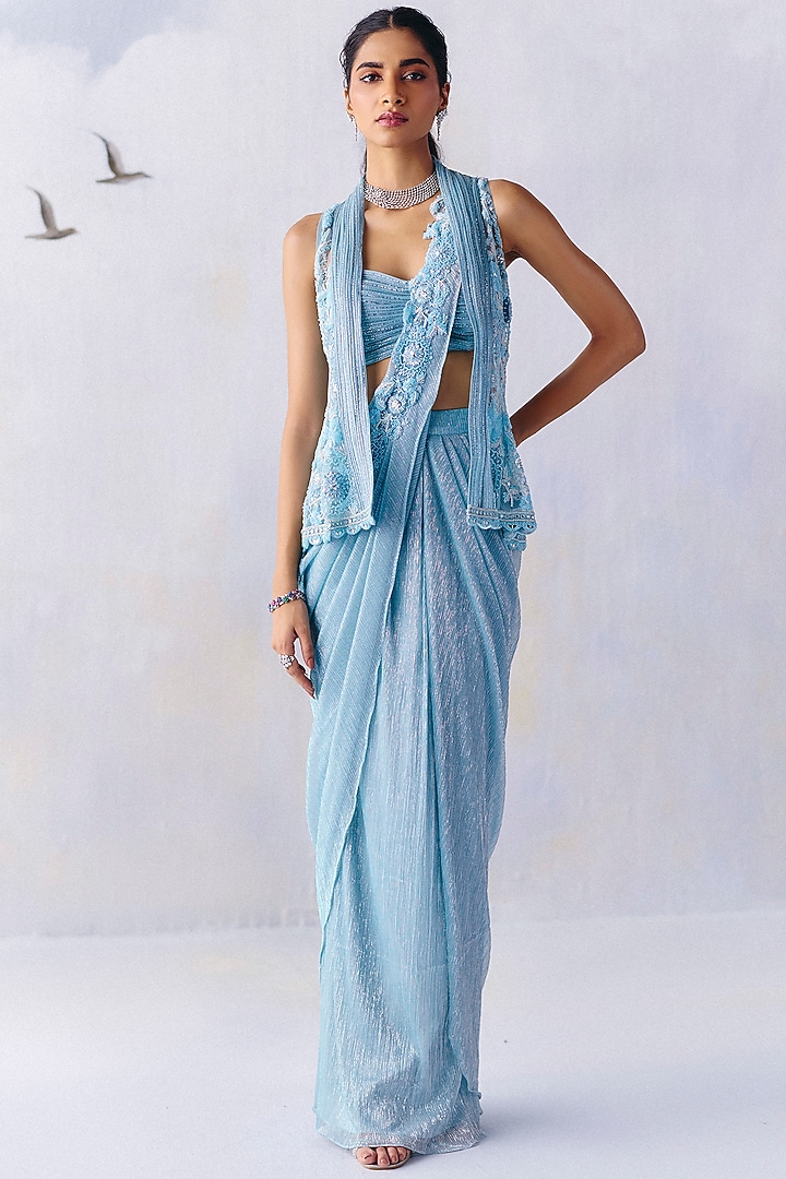 Sky Blue Platinoir Crepe Embroidered Pre-Stitched Wedding Saree Set by AWIGNA BY VARSHA & RITTU at Pernia's Pop Up Shop