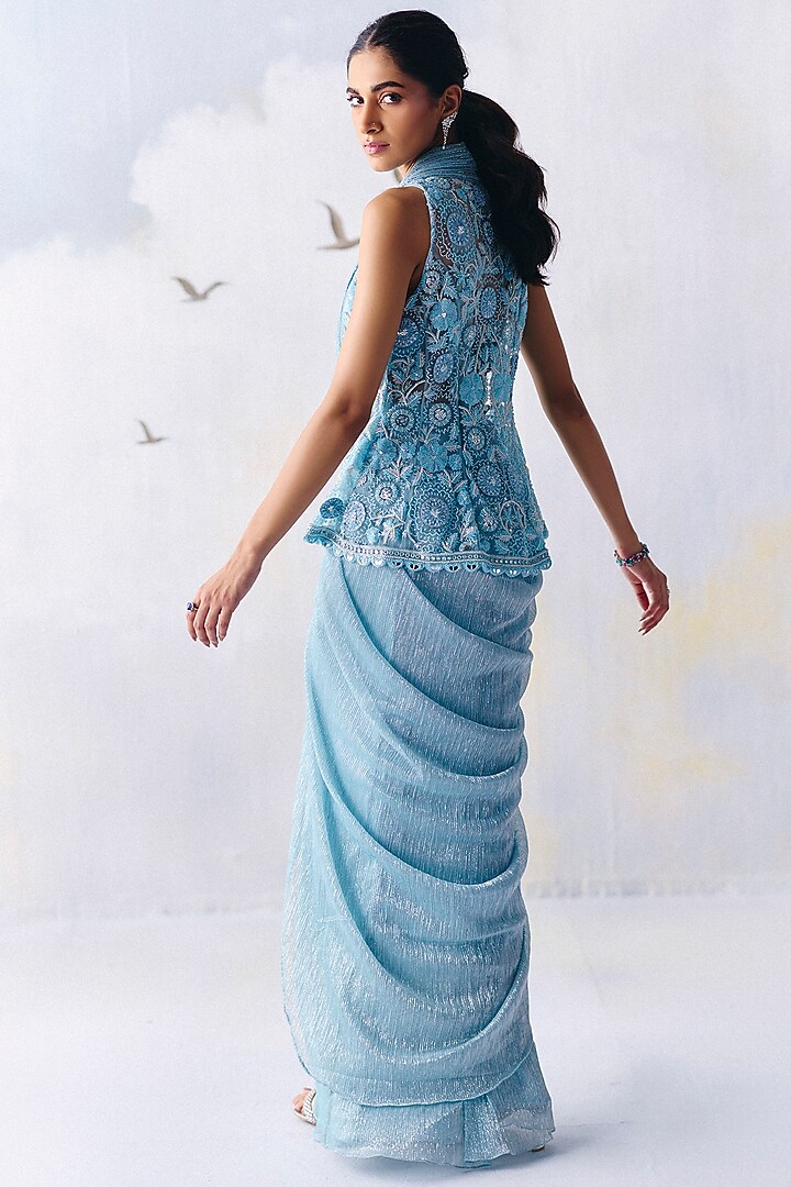Sky Blue Platinoir Crepe Embroidered Pre-Stitched Wedding Saree Set by AWIGNA BY VARSHA & RITTU at Pernia's Pop Up Shop