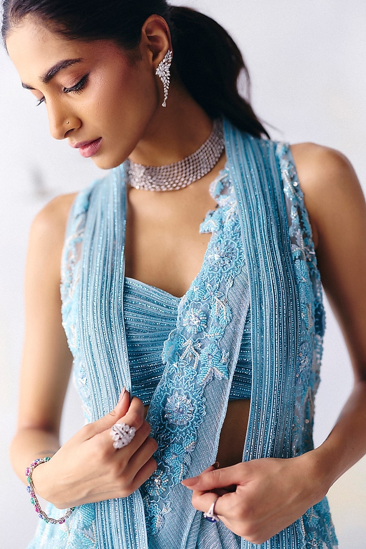 Sky Blue Platinoir Crepe Embroidered Pre-Stitched Wedding Saree Set by AWIGNA BY VARSHA & RITTU at Pernia's Pop Up Shop