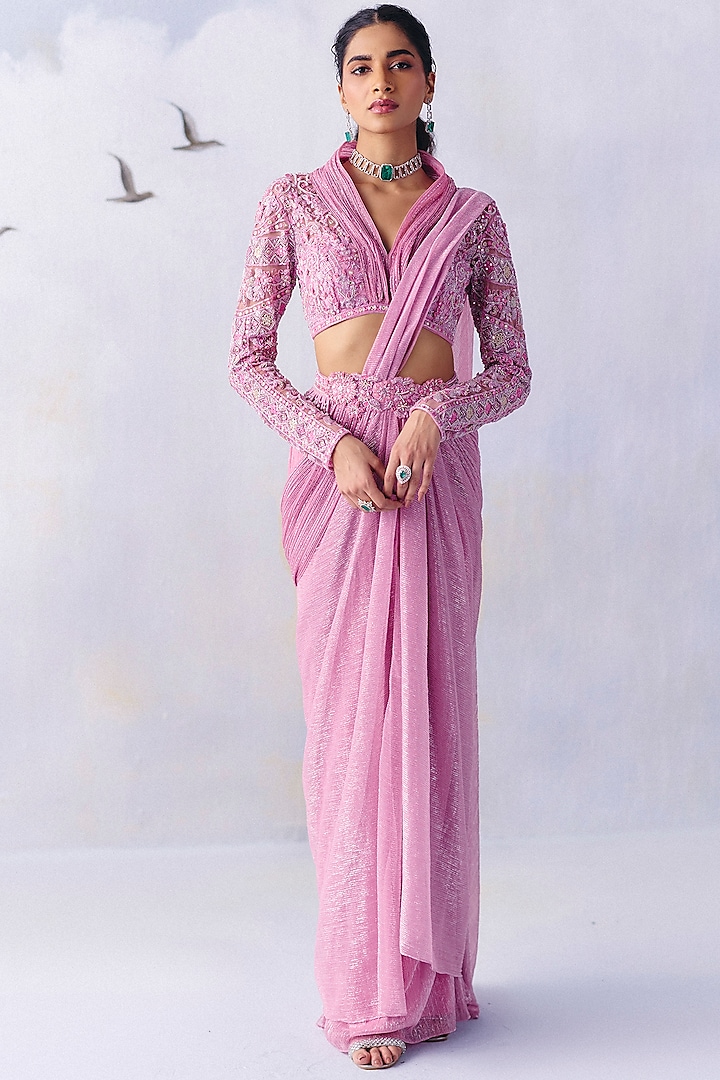 Bubble Gum Pink Platinoir Crepe Floral Embellished Pre-Draped Saree Set by AWIGNA BY VARSHA & RITTU at Pernia's Pop Up Shop