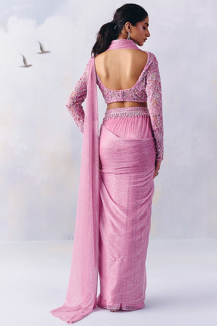 Bubble Gum Pink Platinoir Crepe Floral Embellished Pre-Draped Wedding Saree Set by AWIGNA BY VARSHA & RITTU at Pernia's Pop Up Shop
