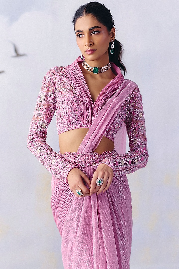 Bubble Gum Pink Platinoir Crepe Floral Embellished Pre-Draped Wedding Saree Set by AWIGNA BY VARSHA & RITTU at Pernia's Pop Up Shop