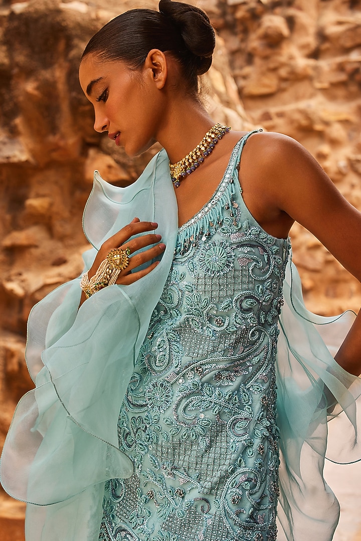Aqua Organza Wedding Sharara Set by AWIGNA BY VARSHA & RITTU at Pernia's Pop Up Shop