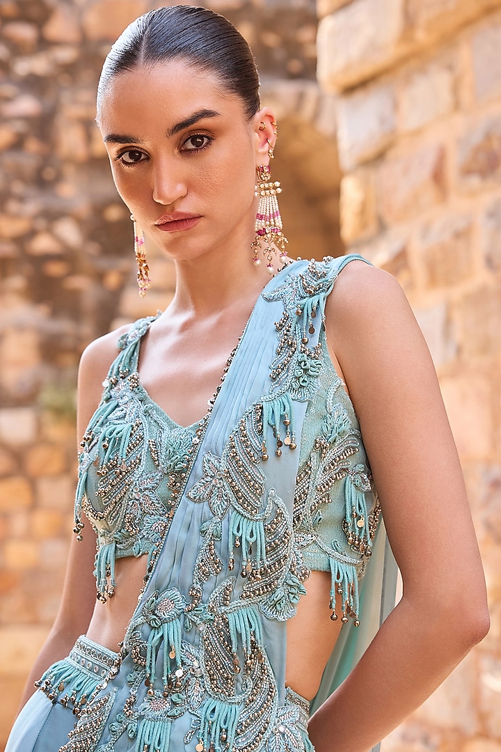 Aqua Silk Beads Embroidered Draped Wedding Saree Set by AWIGNA BY VARSHA & RITTU at Pernia's Pop Up Shop