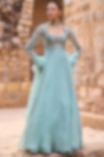 Aqua Organza Beads Embroidered Wedding Anarkali Set by AWIGNA BY VARSHA & RITTU at Pernia's Pop Up Shop