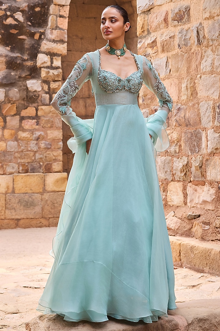 Aqua Organza Beads Embroidered Wedding Anarkali Set by AWIGNA BY VARSHA & RITTU at Pernia's Pop Up Shop