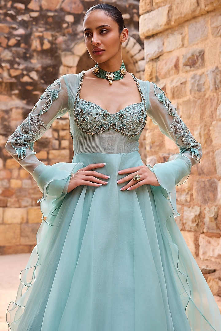Aqua Organza Beads Embroidered Wedding Anarkali Set by AWIGNA BY VARSHA & RITTU at Pernia's Pop Up Shop