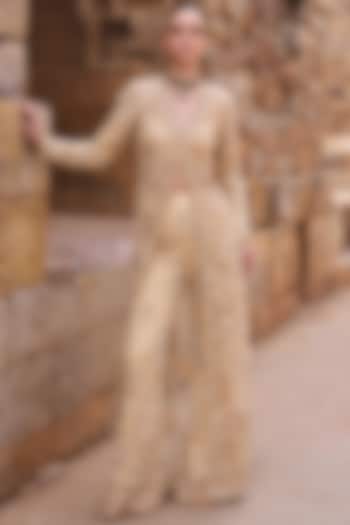 Champagne Net Metal Beads Embroidered Jacket Set by AWIGNA BY VARSHA & RITTU at Pernia's Pop Up Shop