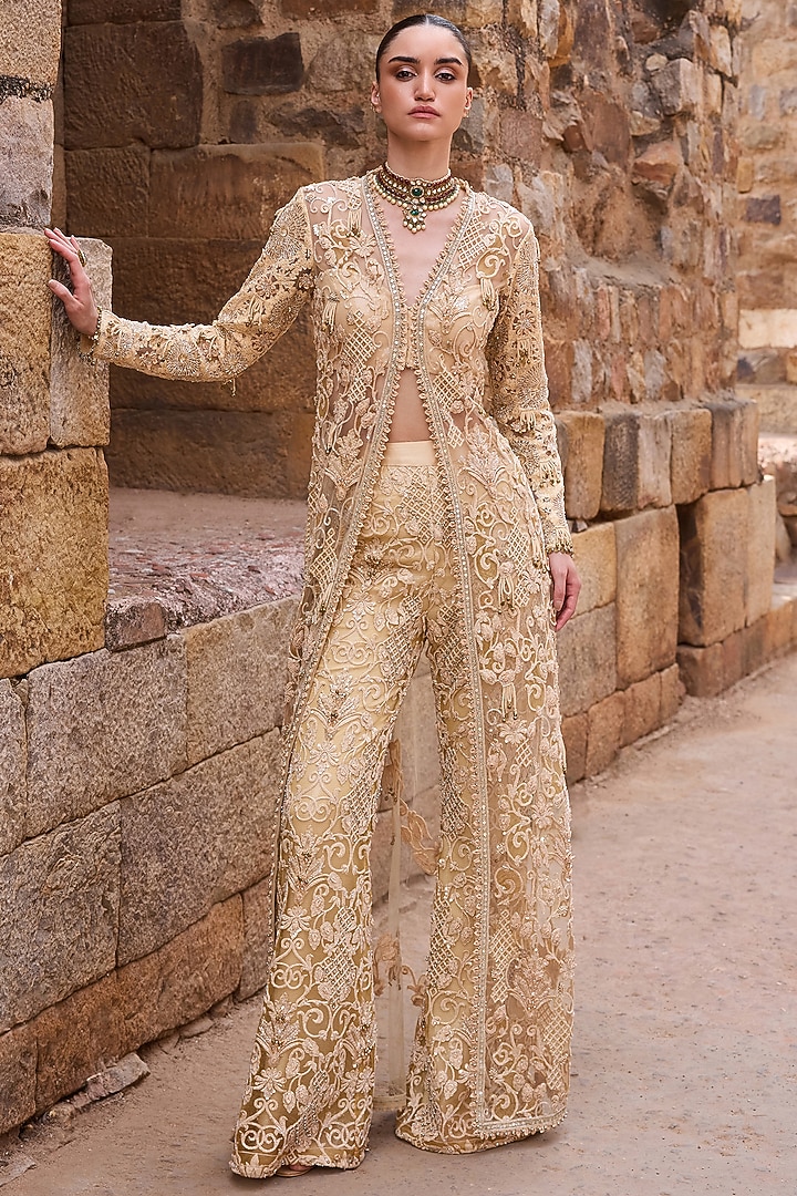 Champagne Net Metal Beads Embroidered Jacket Set by AWIGNA BY VARSHA & RITTU at Pernia's Pop Up Shop