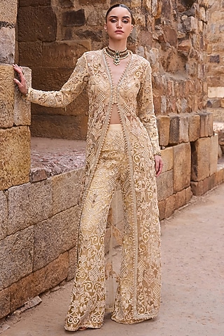 Champagne Net Metal Beads Embroidered Jacket Set by AWIGNA BY VARSHA & RITTU