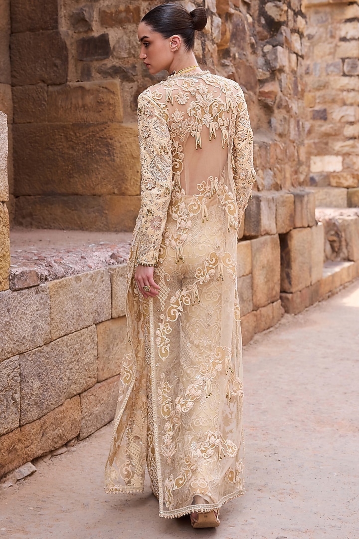 Champagne Net Metal Beads Embroidered Jacket Set by AWIGNA BY VARSHA & RITTU at Pernia's Pop Up Shop