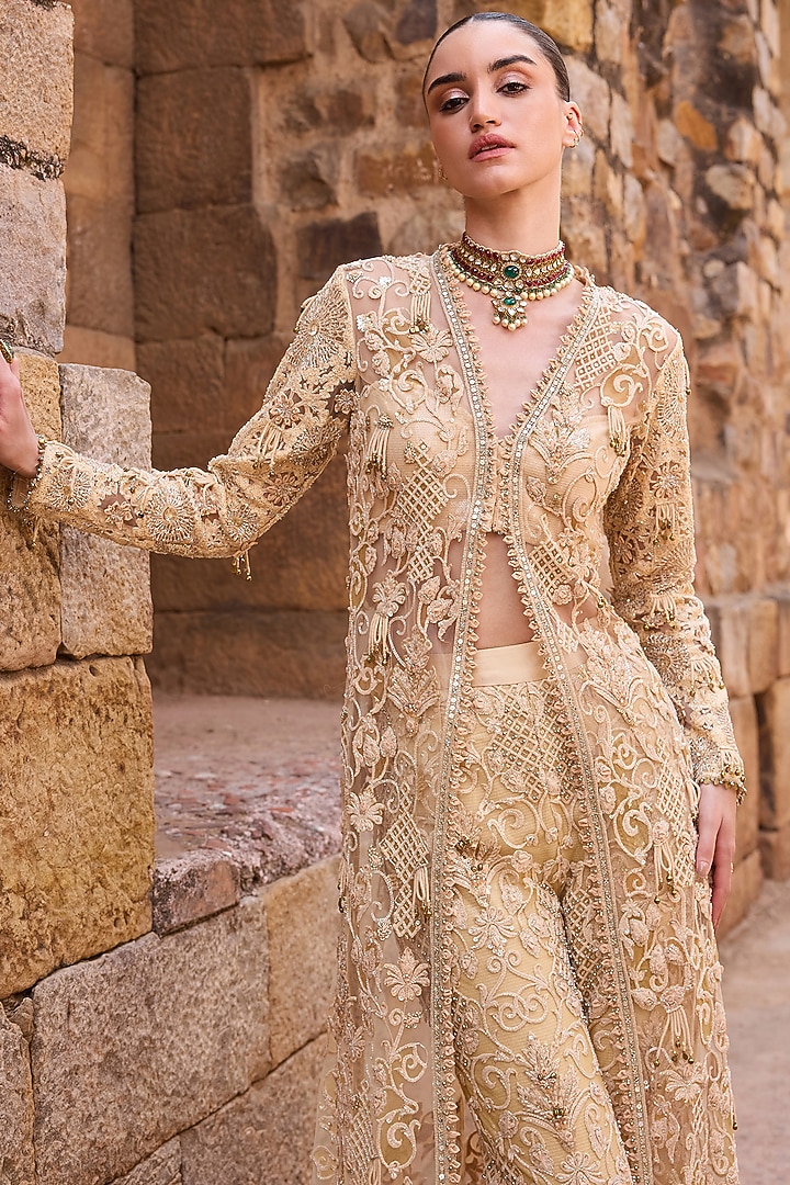 Champagne Net Metal Beads Embroidered Jacket Set by AWIGNA BY VARSHA & RITTU at Pernia's Pop Up Shop