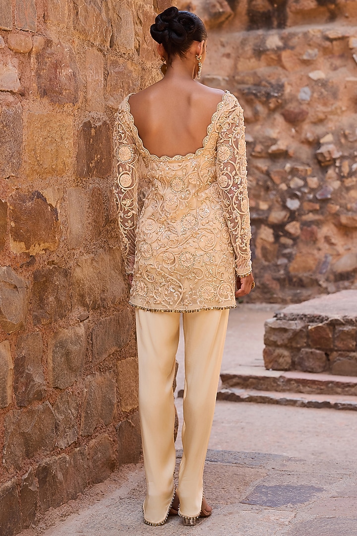 Champagne Net Metal Beads Embroidered Short Kurta Set by AWIGNA BY VARSHA & RITTU at Pernia's Pop Up Shop
