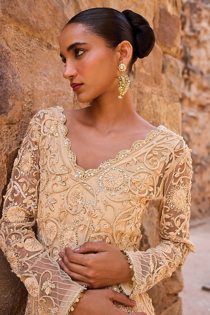 Champagne Net Metal Beads Embroidered Short Kurta Set by AWIGNA BY VARSHA & RITTU at Pernia's Pop Up Shop