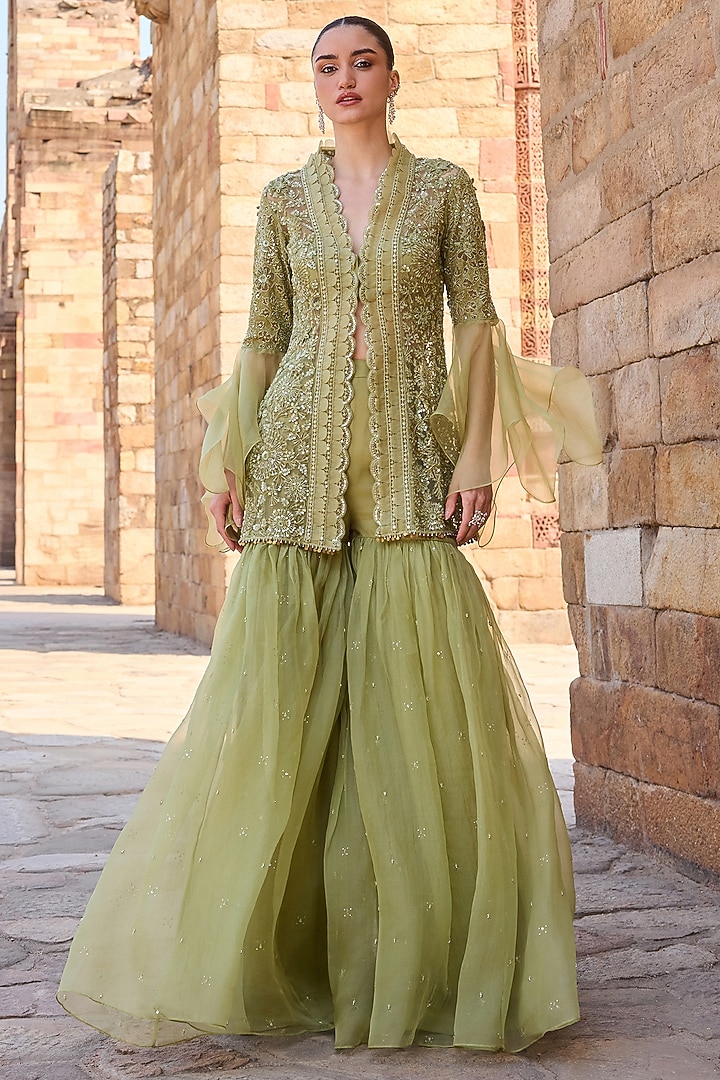 Sage Green Organza Gharara Set by AWIGNA BY VARSHA & RITTU at Pernia's Pop Up Shop