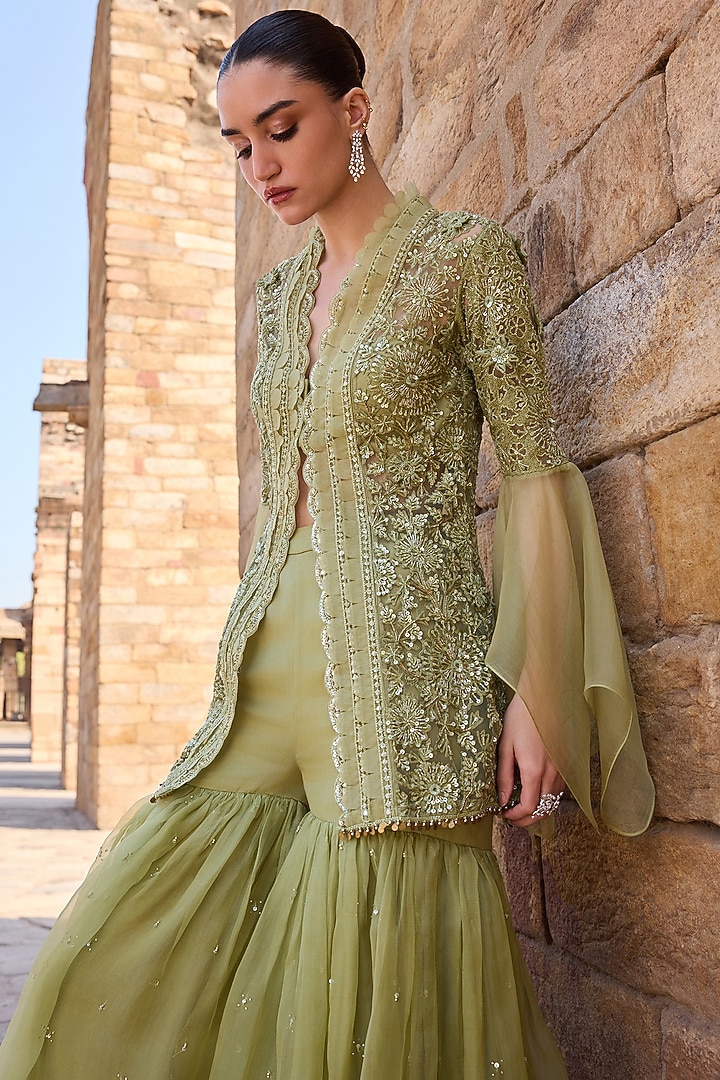 Sage Green Organza Gharara Set by AWIGNA BY VARSHA & RITTU at Pernia's Pop Up Shop