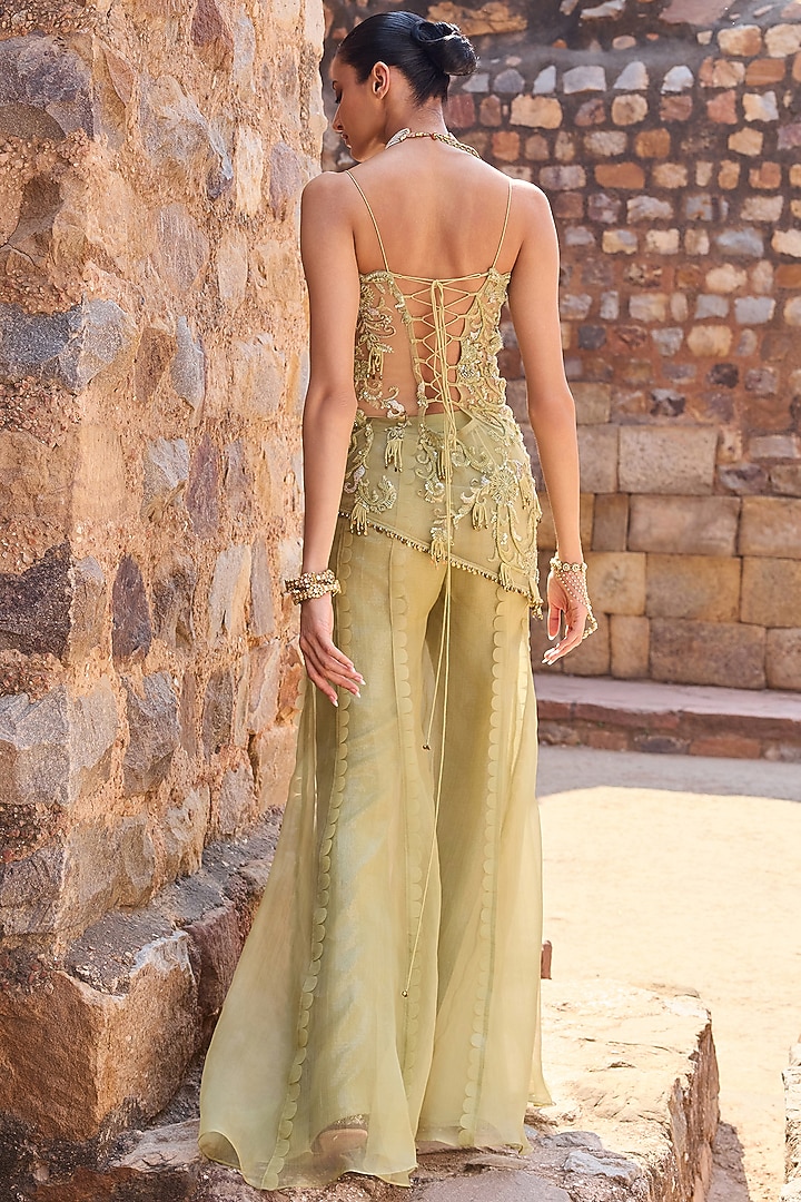 Sage Green Organza Metal Beads Embroidered Asymmetric Tunic Set by AWIGNA BY VARSHA & RITTU at Pernia's Pop Up Shop