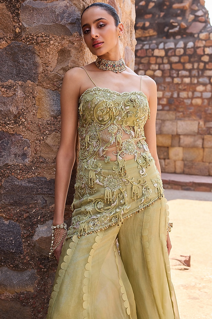 Sage Green Organza Metal Beads Embroidered Asymmetric Tunic Set by AWIGNA BY VARSHA & RITTU at Pernia's Pop Up Shop