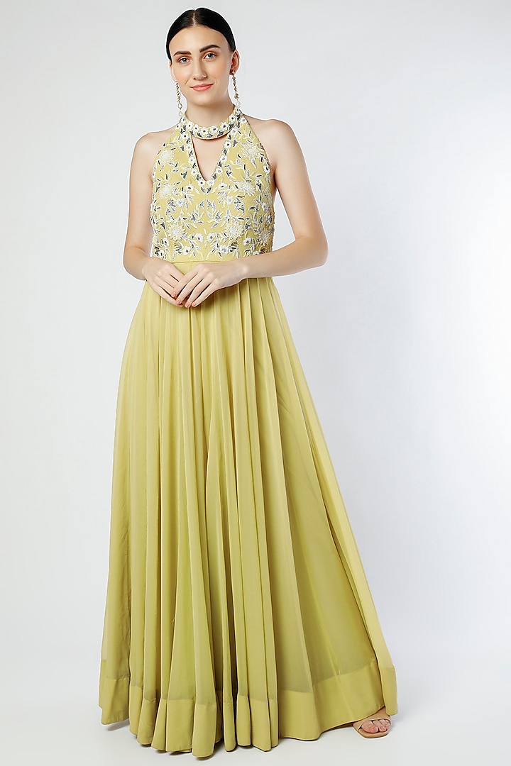 Straw Yellow Embroidered Jumpsuit by AWIGNA BY VARSHA & RITTU